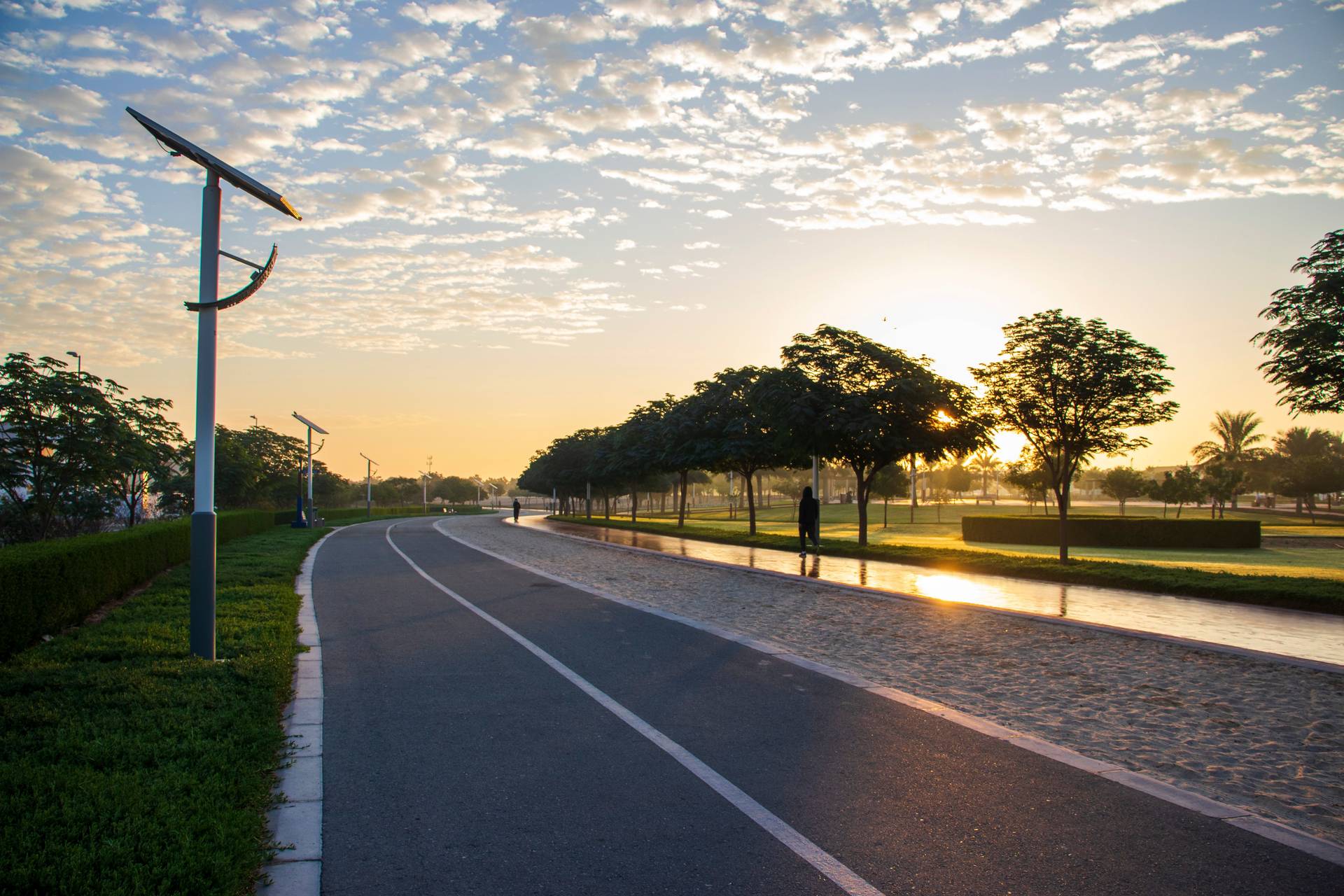 Jogging and cycling tracks in Al Warqa park, Dubai, UAE early in the morning