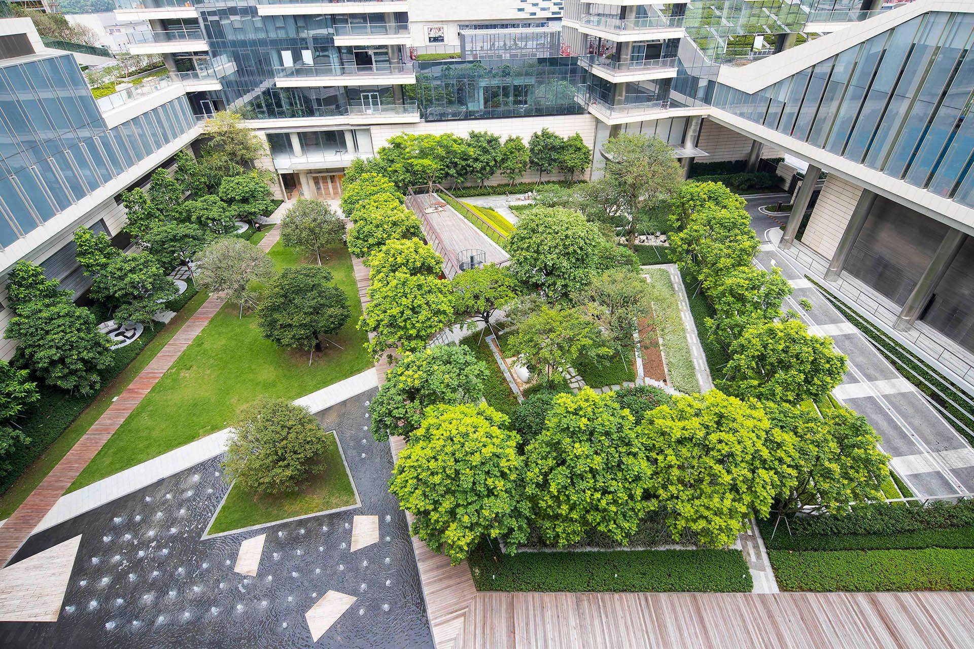 a green space providing social value between buildings in a city