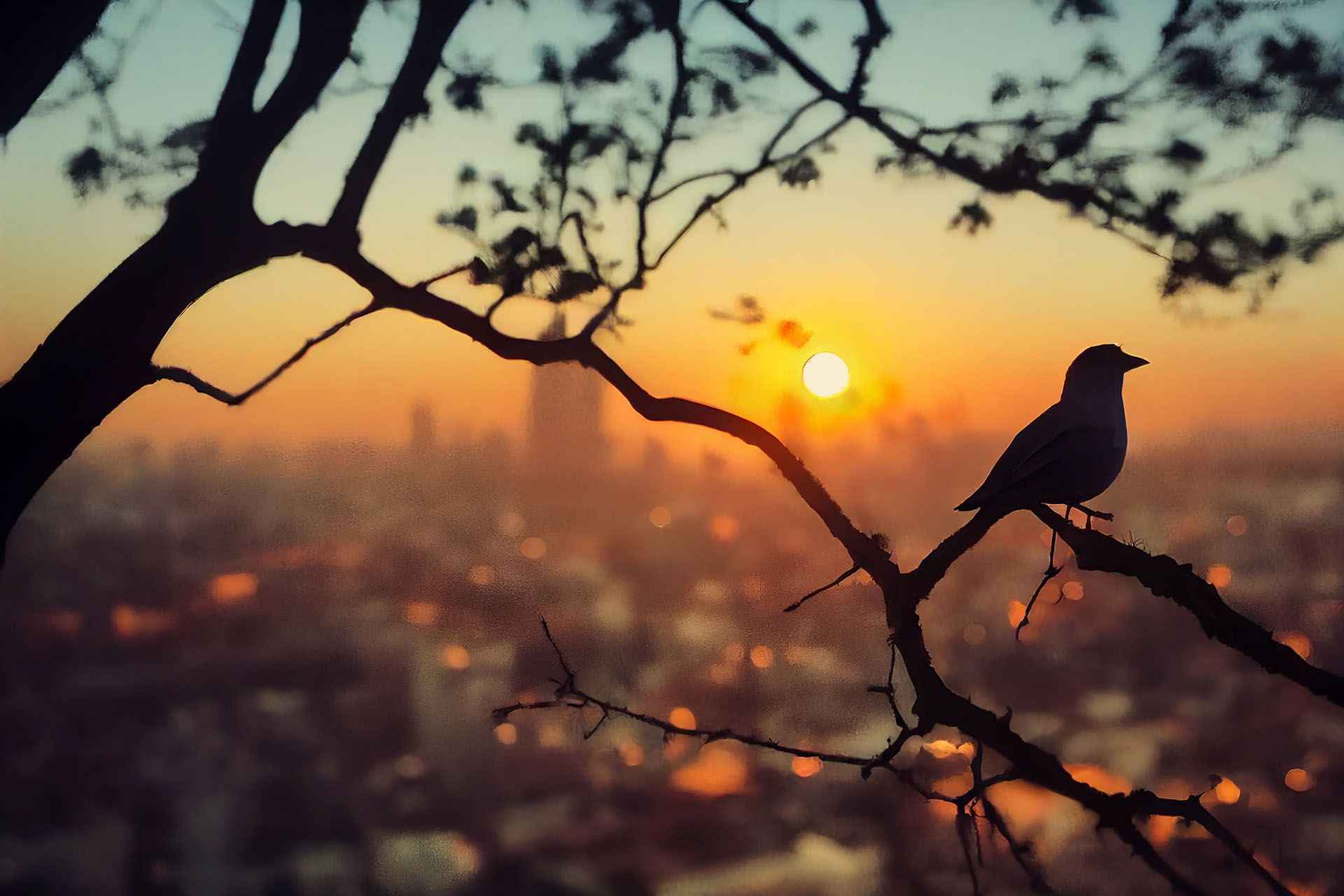 a bird in a tree with a city bathed in morning sun behind