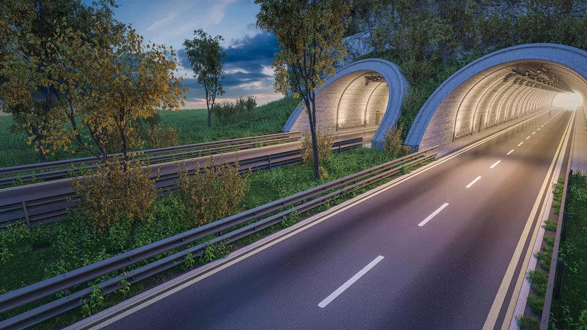 a road tunnel with green space